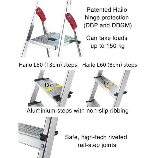 Hailo Aluminium 7 Step Ladder (2 Step Sizes) - 8cm Wide Step Ladder - 1