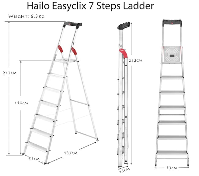 Hailo Aluminium 7 Step Ladder (2 Step Sizes) - 8cm Wide Step Ladder - 2