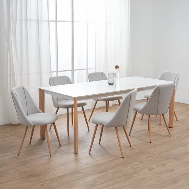 Lana Dining Chair - Oak, Pale Grey (Fabric) - 2 - Modern dining room with minimalist design, light gray upholstered chairs