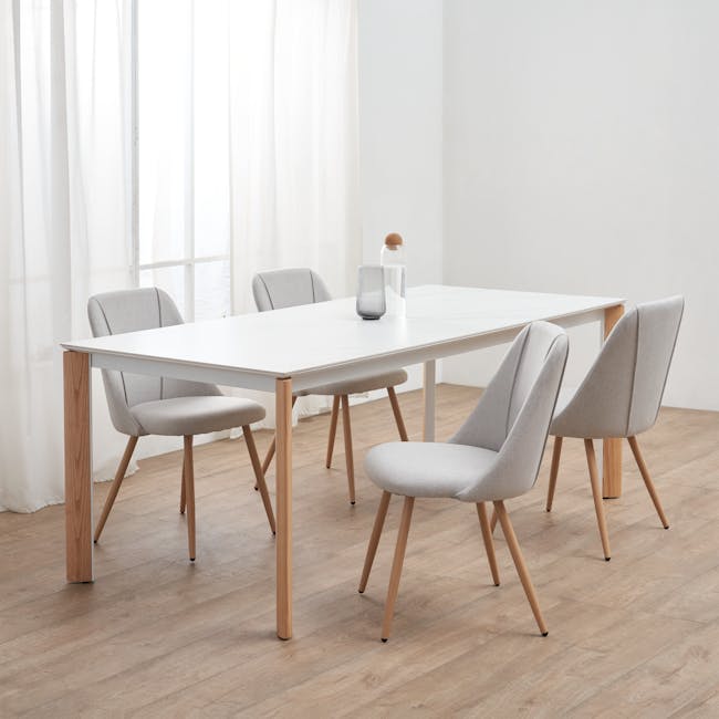 Lana Dining Chair - Oak, Pale Grey (Fabric) - 3 - Modern minimalist dining room, light gray upholstered chairs, wooden legs