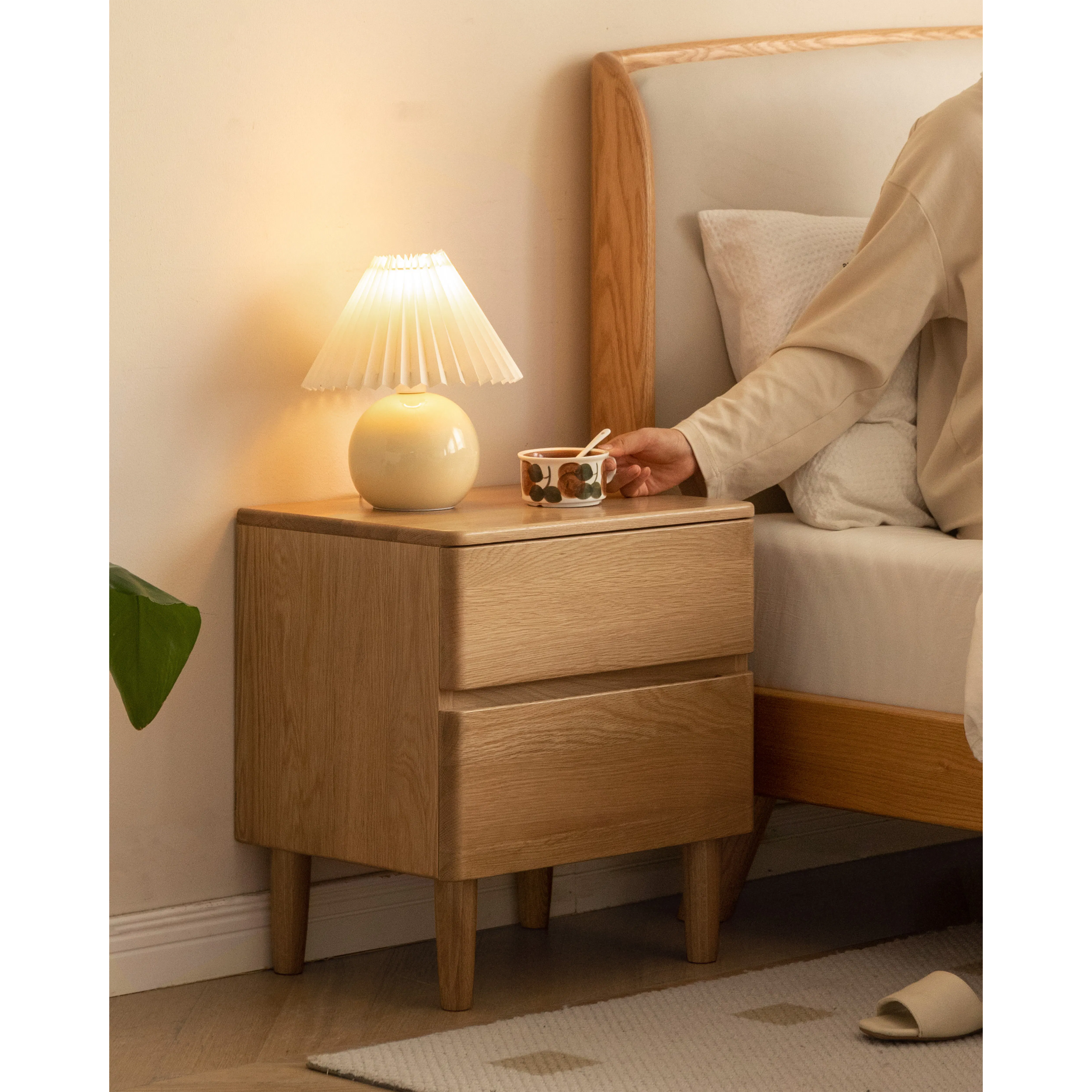 Natalia Bedside Table - 10 - Wooden nightstand, beige lamp, cozy room, soft lighting, bedside table, wooden furniture