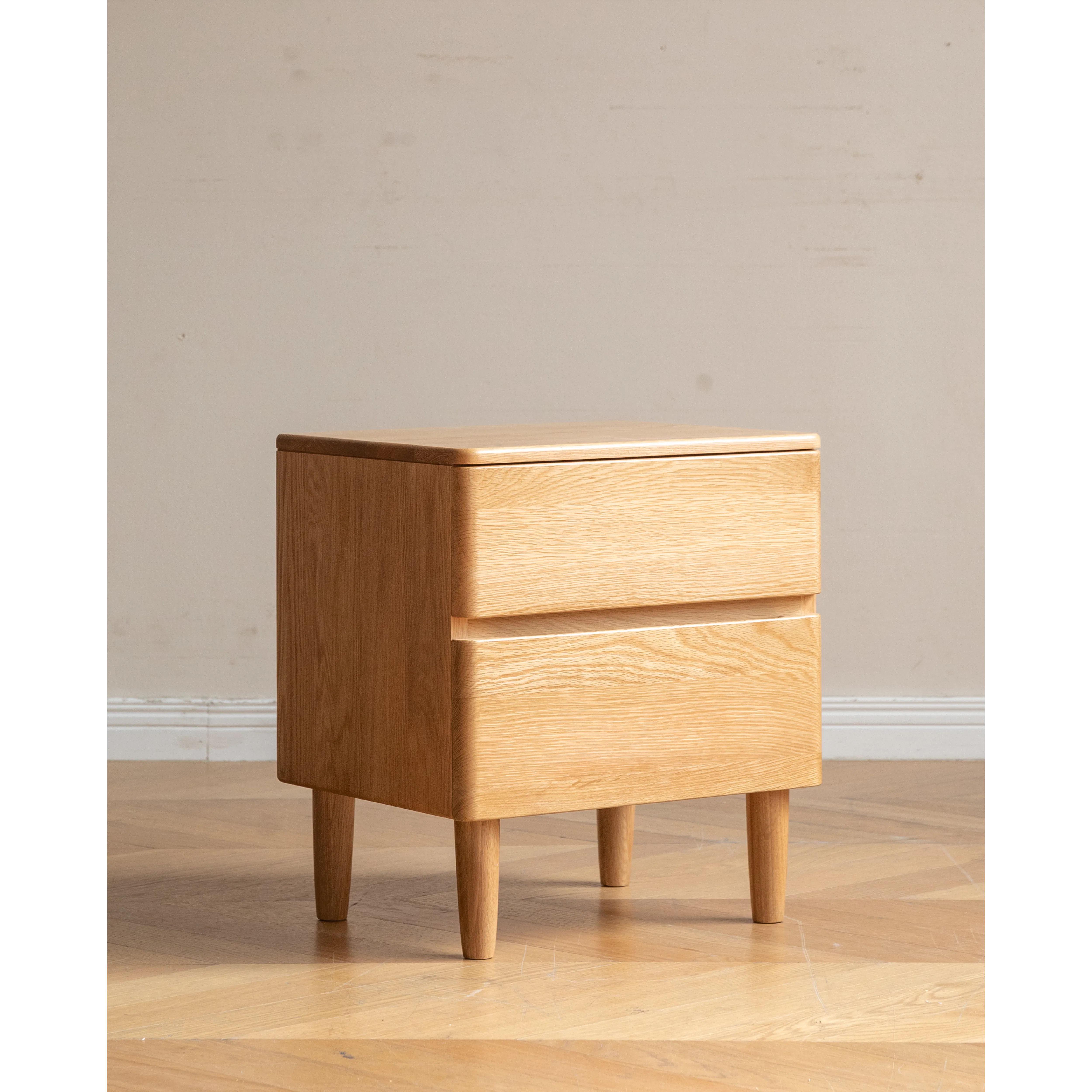 Natalia Bedside Table - 17 - Wooden side table, minimalist design, light wood finish, simple structure, three-legged base