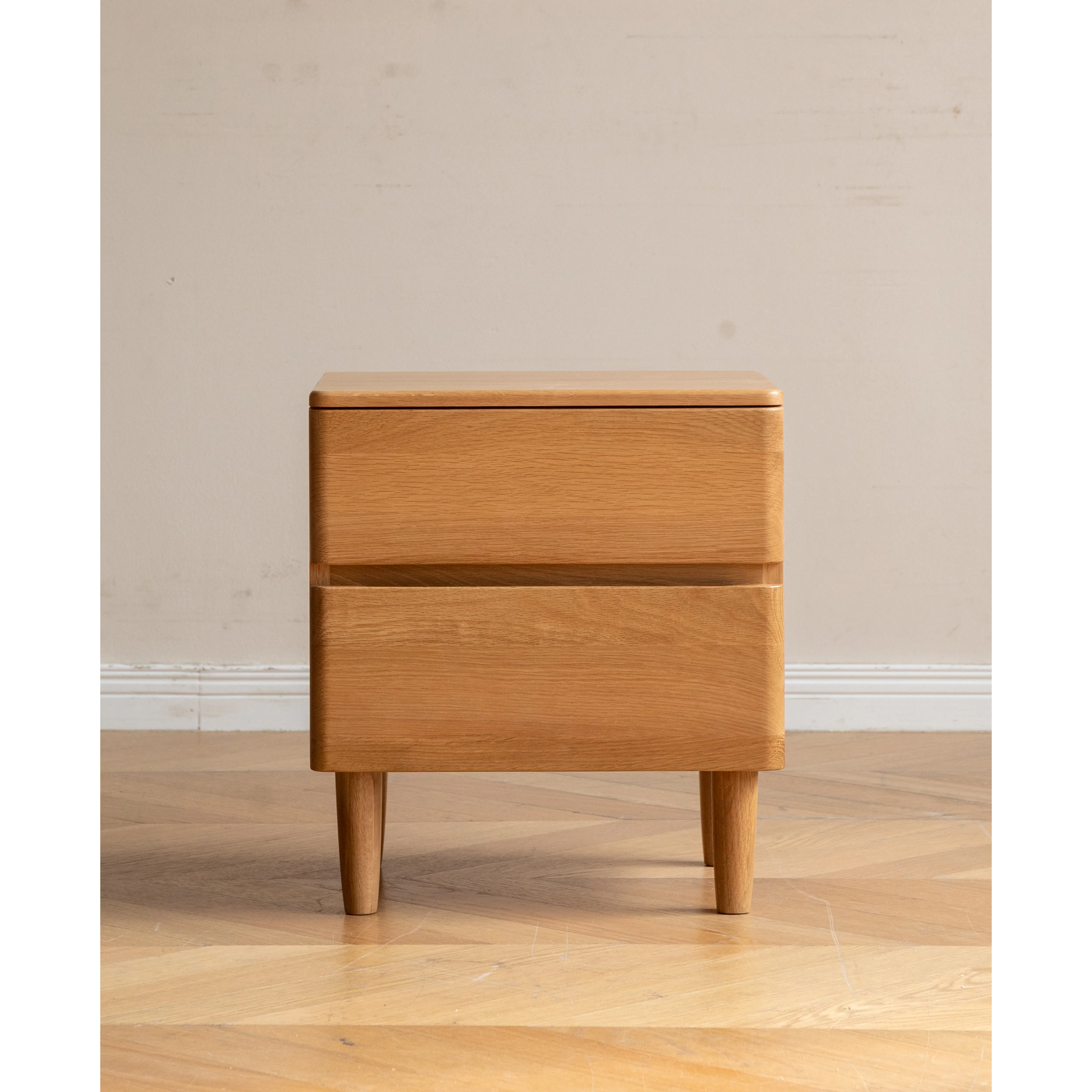 Natalia Bedside Table - 16 - Wooden side table, minimalist design, light brown finish, rectangular shape, two drawers