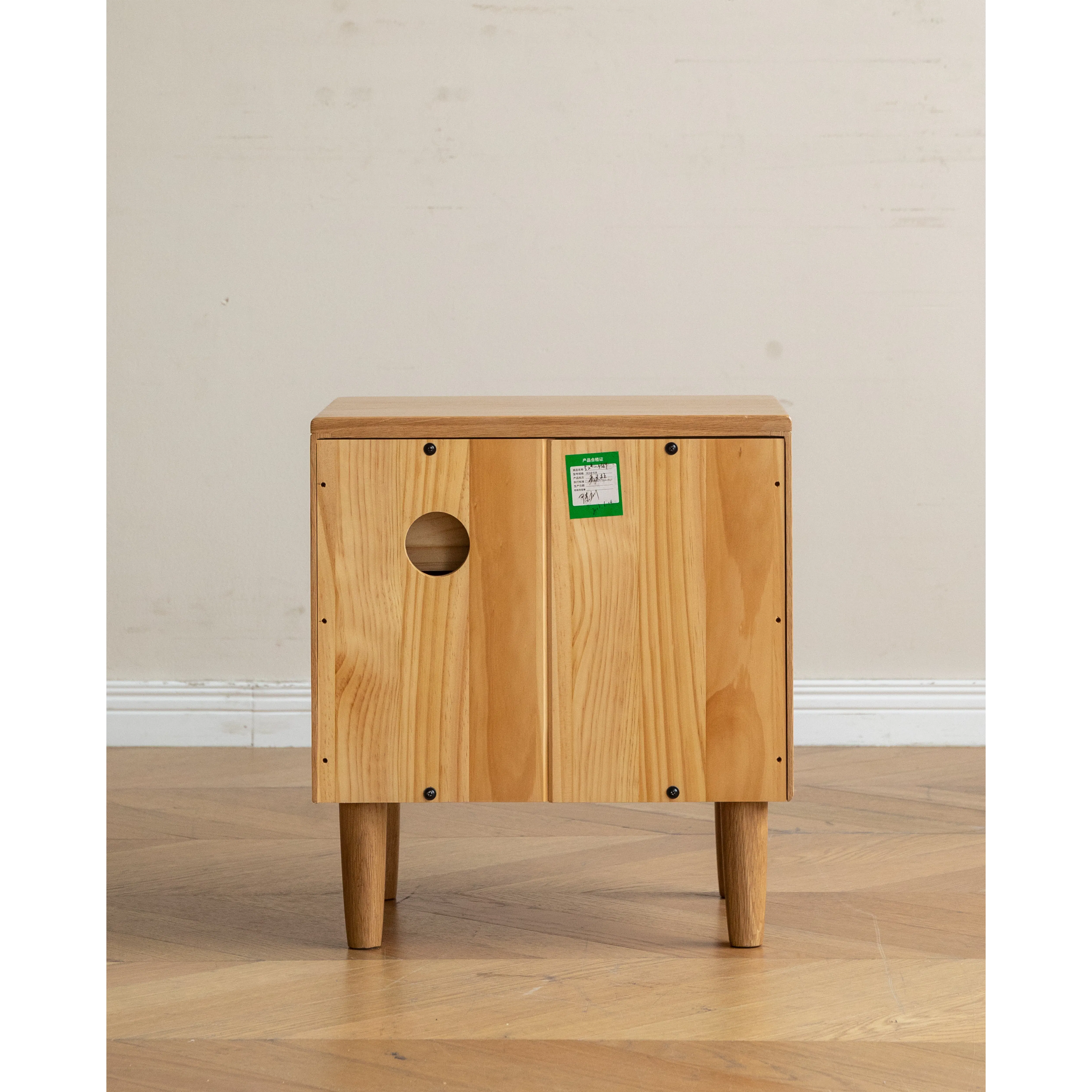 Natalia Bedside Table - 13 - Wooden side table, minimalist design, natural wood finish, small round hole, sturdy legs