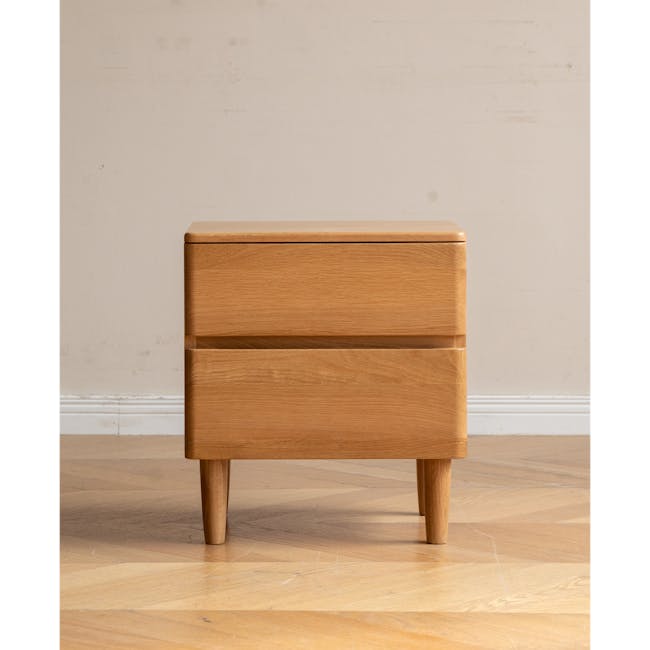 Nova King Storage Bed in Beige Boucle with 2 Natalia Bedside Table - 30 - Wooden side table, minimalist design, light brown