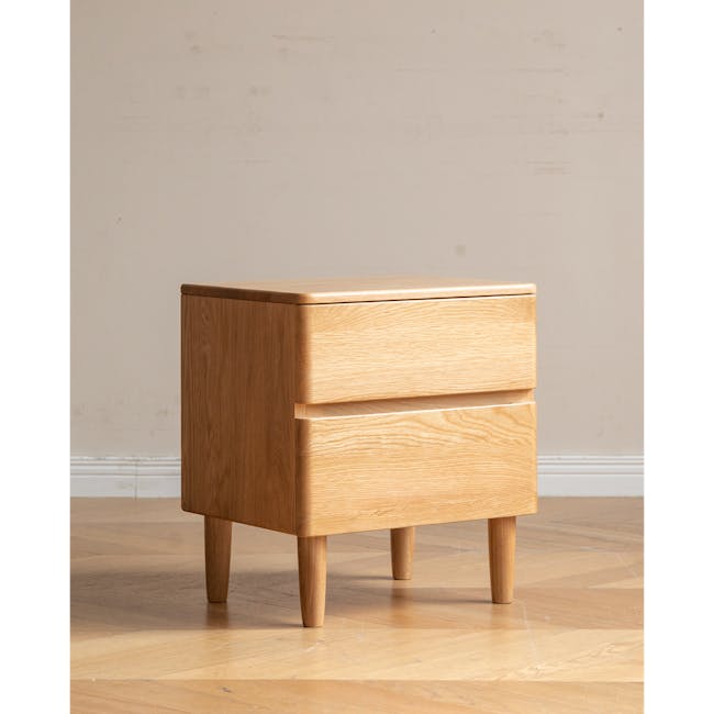 Nova King Storage Bed in Beige Boucle with 2 Natalia Bedside Table - 29 - Wooden side table, minimalist design, light wood