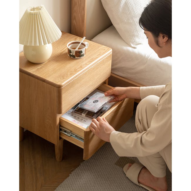 Nova King Storage Bed in Beige Boucle with 2 Natalia Bedside Table - 22 - Wooden nightstand, beige lamp, cup with spoon