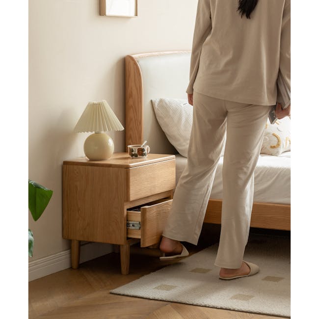 Nova King Storage Bed in Beige Boucle with 2 Natalia Bedside Table - 24 - Wooden nightstand, beige lamp, white bed, beige