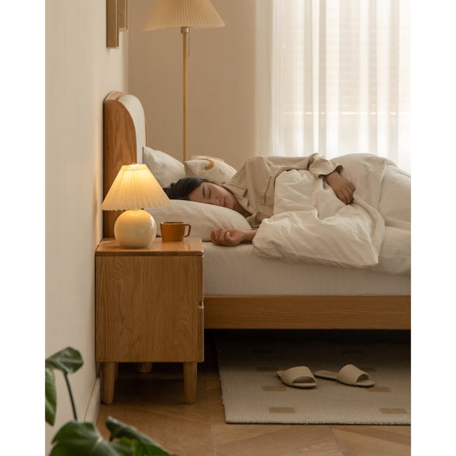 Nova King Storage Bed in Light Grey Boucle with 2 Natalia Bedside Table - 27 - Wooden nightstand, beige lamp, cozy room