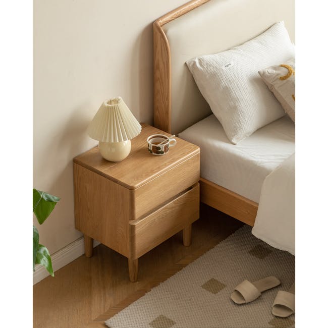 Nova King Storage Bed in Light Grey Boucle with 2 Natalia Bedside Table - 20 - Wooden nightstand, beige lamp, white pillows