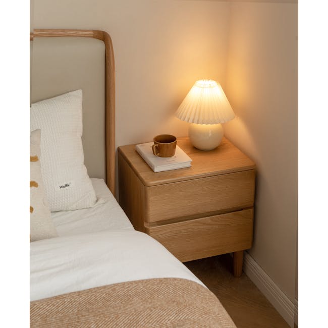 Nova Queen Storage Bed in Light Grey Boucle with 2 Natalia Bedside Tables - 21 - Wooden nightstand, beige wall, cozy room