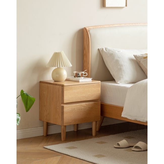 Nova Queen Storage Bed in Light Grey Boucle with 2 Natalia Bedside Tables - 17 - Wooden nightstand, beige lamp, white cup