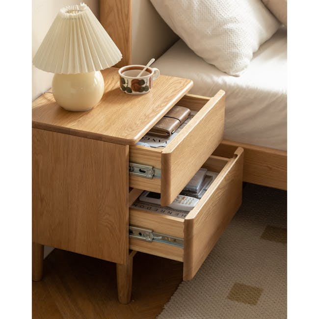 Nova Queen Storage Bed in White Boucle with 2 Natalia Bedside Tables - 27 - Wooden nightstand, beige lamp, white cup