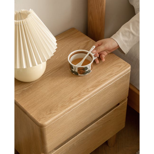 Nova Queen Storage Bed in White Boucle with 2 Natalia Bedside Tables - 29 - Wooden nightstand, cup with tea, white