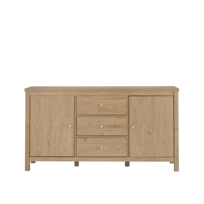 Rhodes Sideboard 1.6m - 1 - Wooden sideboard, light wood finish, minimalist design, three drawers, wooden texture, natural