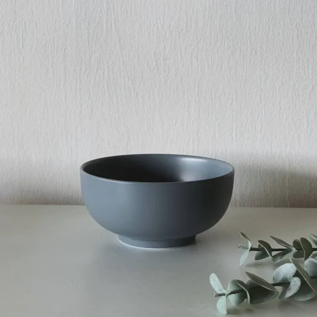 Base Piece DeTerra 5.75” Soup Bowl - Stone Blue - 3 - Gray bowl, minimalist setting, modern design, sleek surface, neutral
