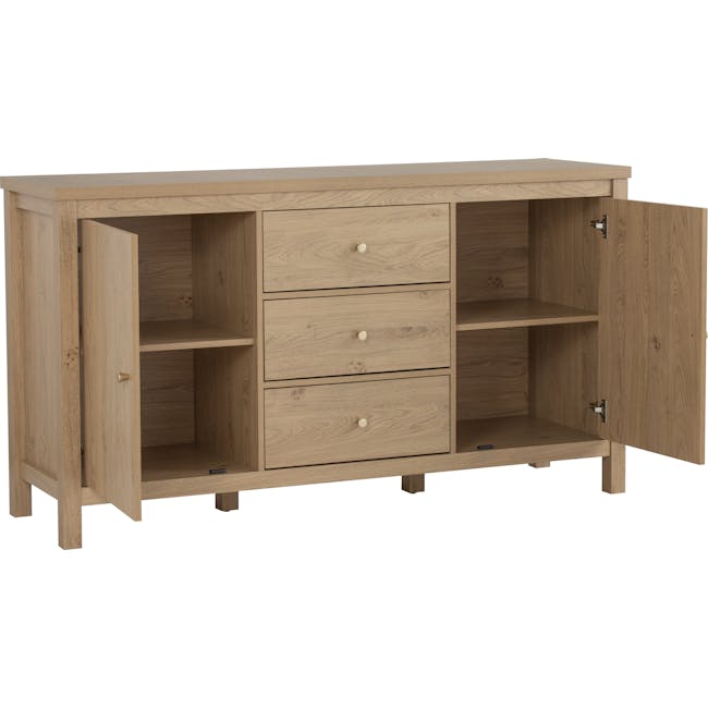 Rhodes Sideboard 1.6m - 2 - Wooden cabinet with open doors, minimalist design, light wood finish, three drawers, open