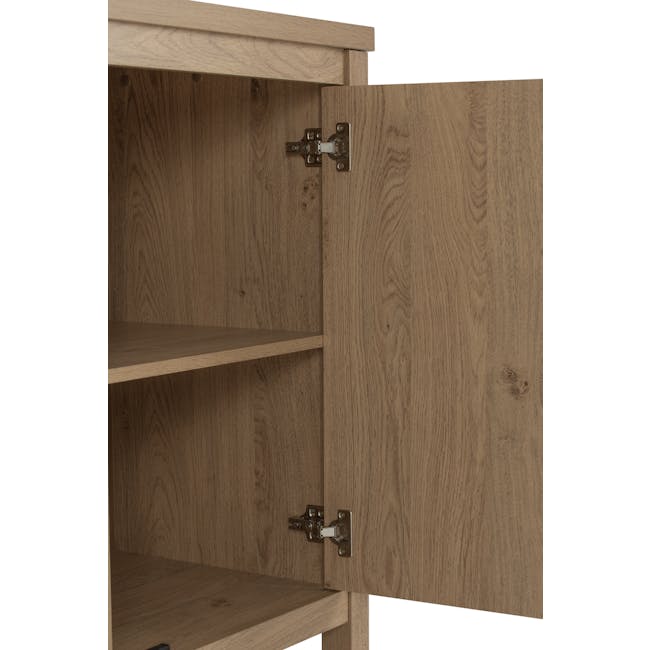 Rhodes Sideboard 1.6m - 6 - Wooden cabinet with metal handles, open shelves, natural wood grain, minimalist design, clean
