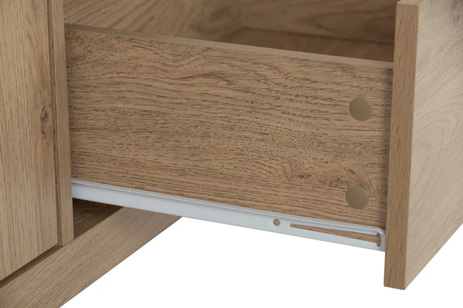 Rhodes Sideboard 1.6m - 12 - Wooden drawer with metal handles, close-up view, natural wood grain, light brown finish, sleek