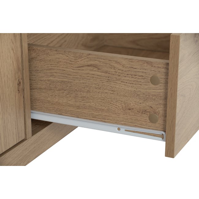 Rhodes Sideboard 1.6m - 12 - Wooden drawer with metal handles, close-up view, natural wood grain, light brown finish, sleek