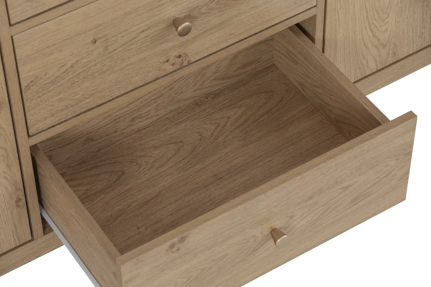 Rhodes Sideboard 1.6m - 11 - Wooden drawer with metal handles, minimalist design, natural wood grain, open drawer, empty