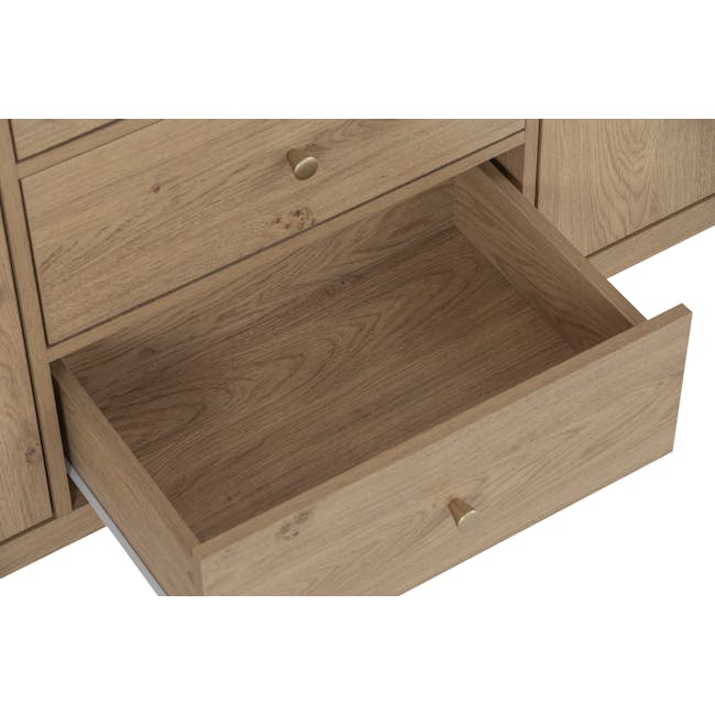 Rhodes Sideboard 1.6m - 11 - Wooden drawer with metal handles, minimalist design, natural wood grain, open drawer, empty