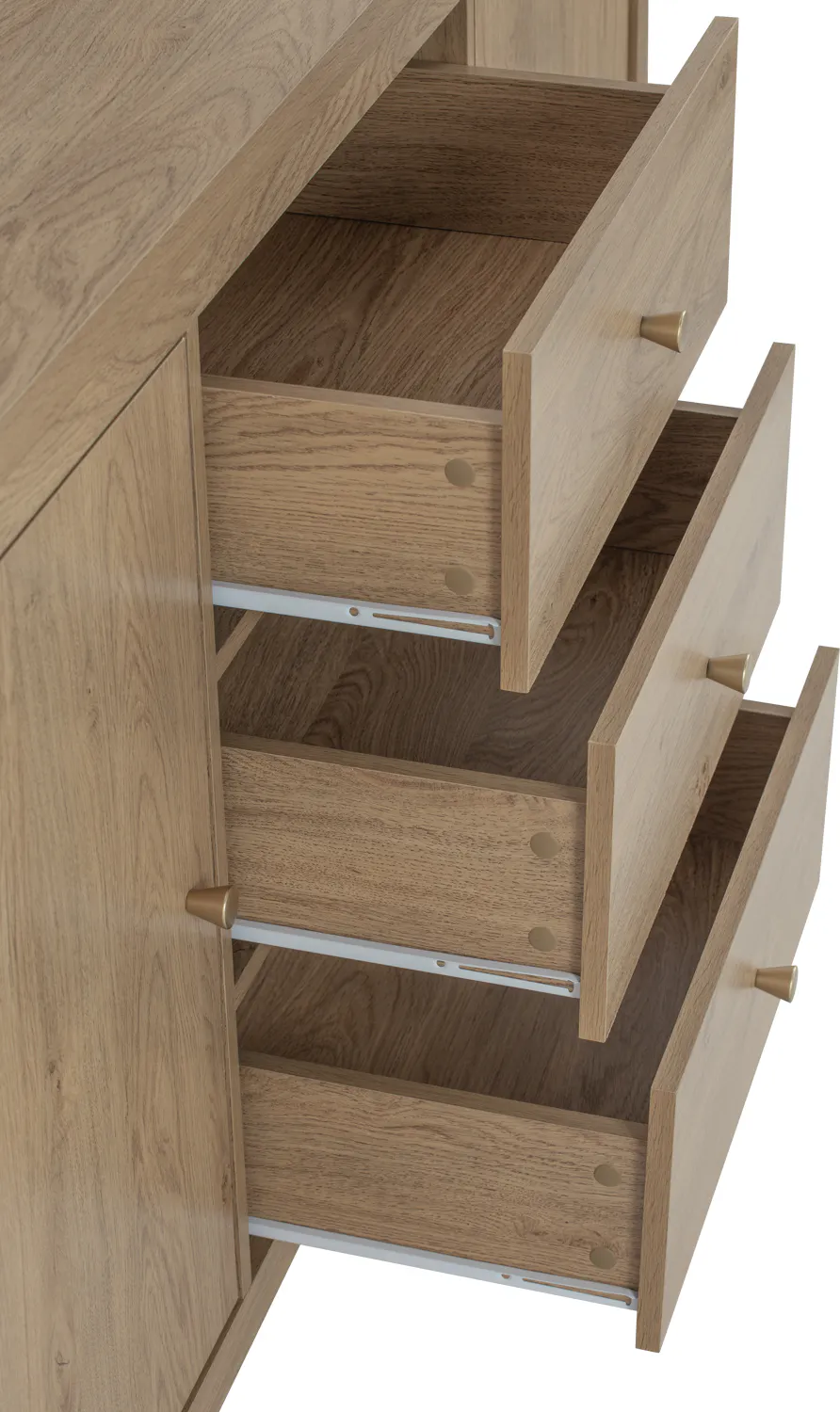 Rhodes Sideboard 1.6m - 10 - Wooden drawer with metallic handles, open and closed, minimalist design, light brown wood