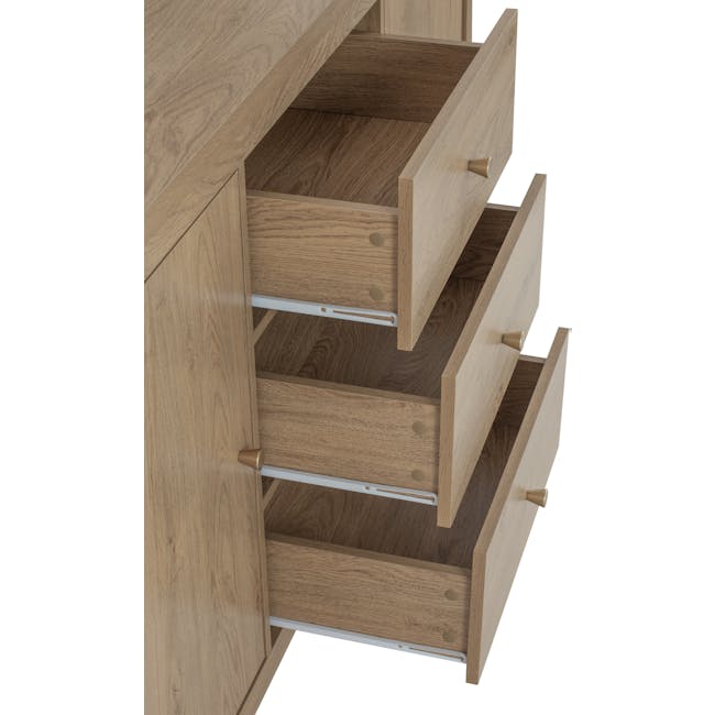 Rhodes Sideboard 1.6m - 10 - Wooden drawer with metallic handles, open and closed, minimalist design, light brown wood