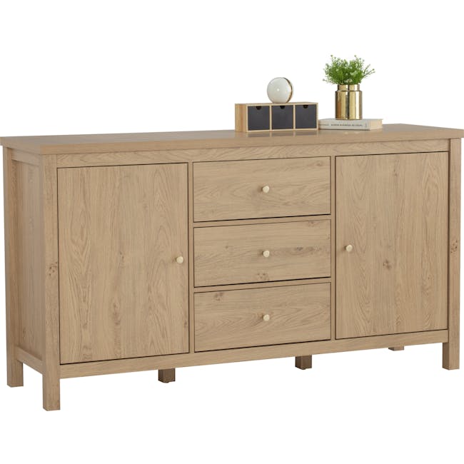 Rhodes Sideboard 1.6m - 3 - Wooden sideboard, light wood finish, minimalist design, three drawers, two doors, wooden