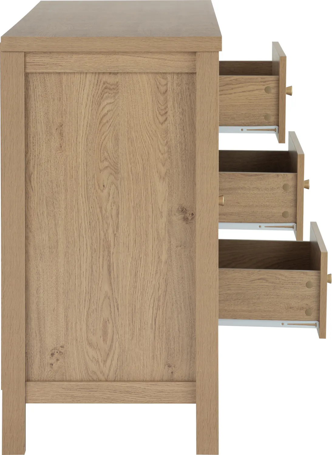 Rhodes Sideboard 1.6m - 14 - Light wood cabinet with natural finish, minimalist design, open shelves, integrated drawers