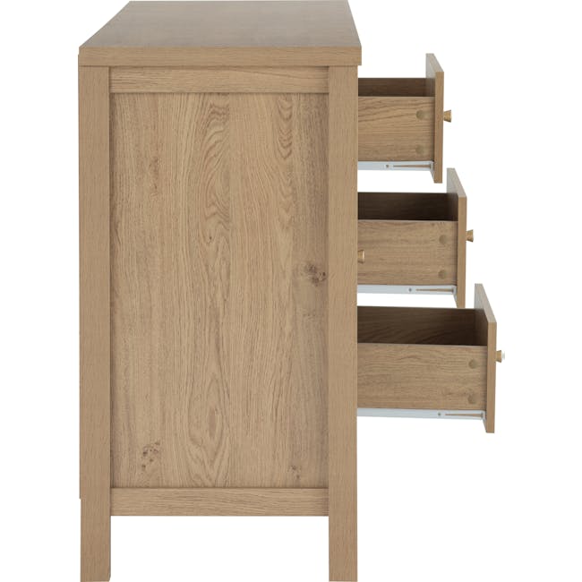 Rhodes Sideboard 1.6m - 14 - Light wood cabinet with natural finish, minimalist design, open shelves, integrated drawers
