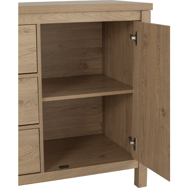 Rhodes Sideboard 1.6m - 5 - Wooden cabinet with open doors, minimalist design, light wood finish, built-in shelving, two
