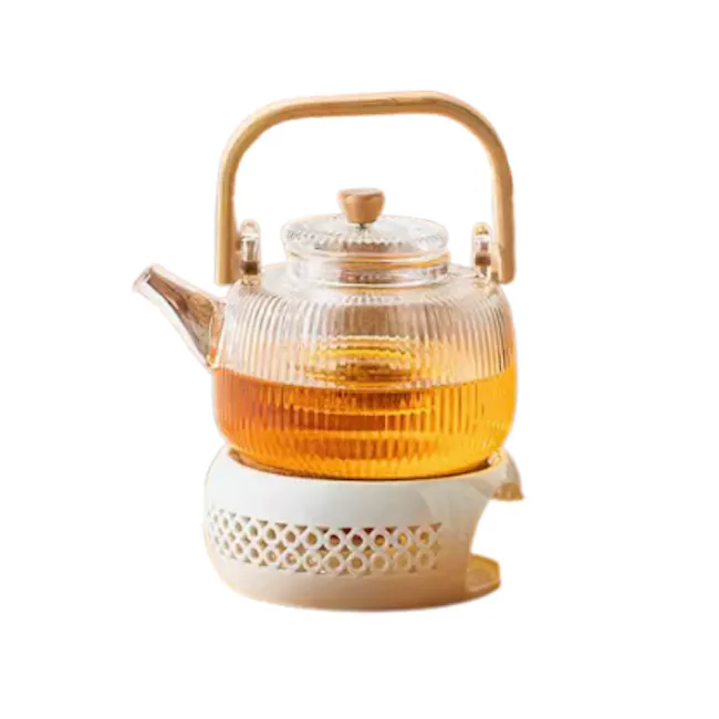 Clear Teapot With Bamboo Handle And Ceramic Base - 1