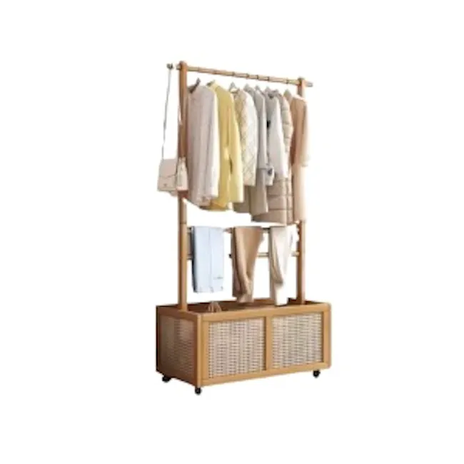 Wood Clothes Rack with Ratten Basket - 1