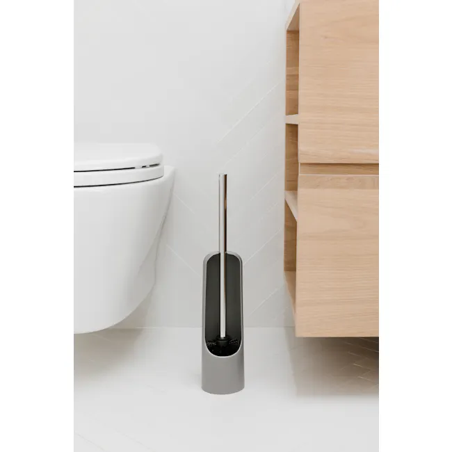 Touch Toilet Brush - Grey - 5 - White toilet, wooden cabinet, modern bathroom, sleek design, minimalist decor, clean lines