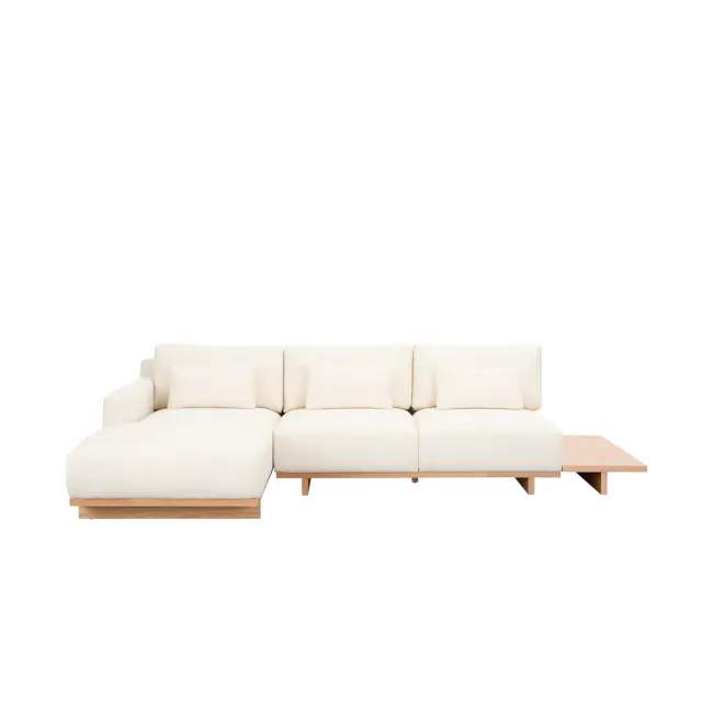 Miu 2 Seater Left Arm Chaise Lounge Sofa - 13 - Modern minimalist sofa, light beige upholstery, wooden coffee table, clean
