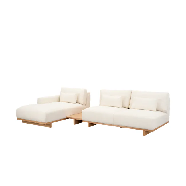 Miu 2 Seater Left Arm Chaise Lounge Sofa - 12 - Modern minimalist sofa, light beige cushions, wooden coffee table, clean and