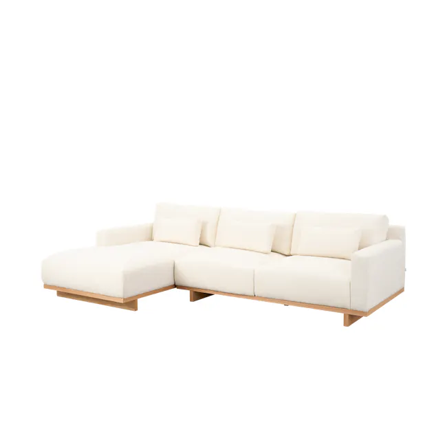 Miu 2 Seater Left Arm Chaise Lounge Sofa - 10 - Modern minimalist sofa, light beige cushions, wooden legs, sleek design