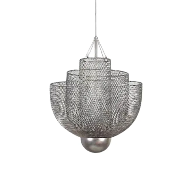 Cameron Pendant Lamp - Chrome - 1 - Modern chandelier with intricate lattice design, suspended by a sturdy chain, metallic