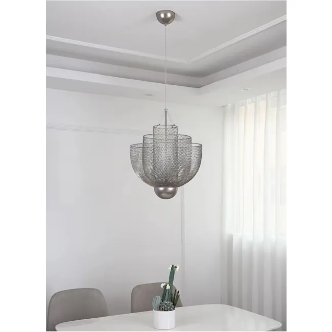 Cameron Pendant Lamp - Chrome - 4 - Modern dining room, minimalist design, elegant chandelier, white walls, natural light
