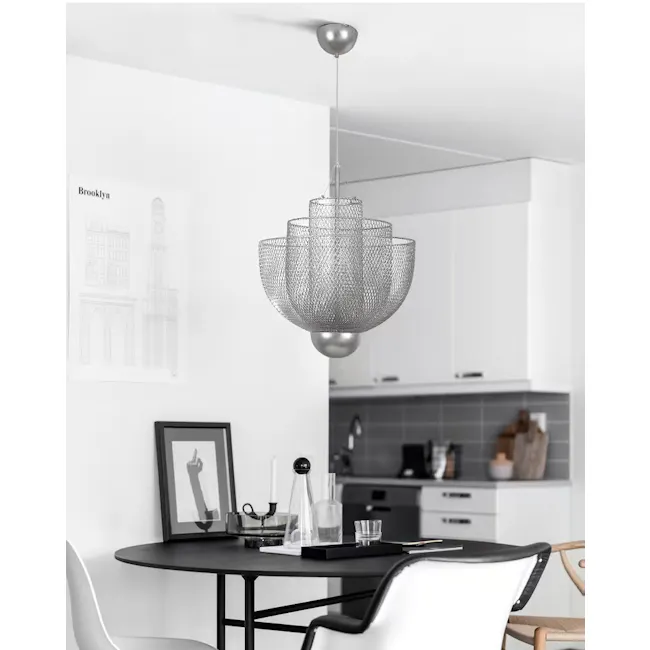 Cameron Pendant Lamp - Chrome - 2 - Modern dining room, minimalist design, sleek chandelier, contemporary kitchen, black and