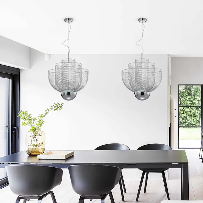 Cameron Pendant Lamp - Chrome - 3 - Modern minimalist dining room, sleek black furniture, contemporary design, large