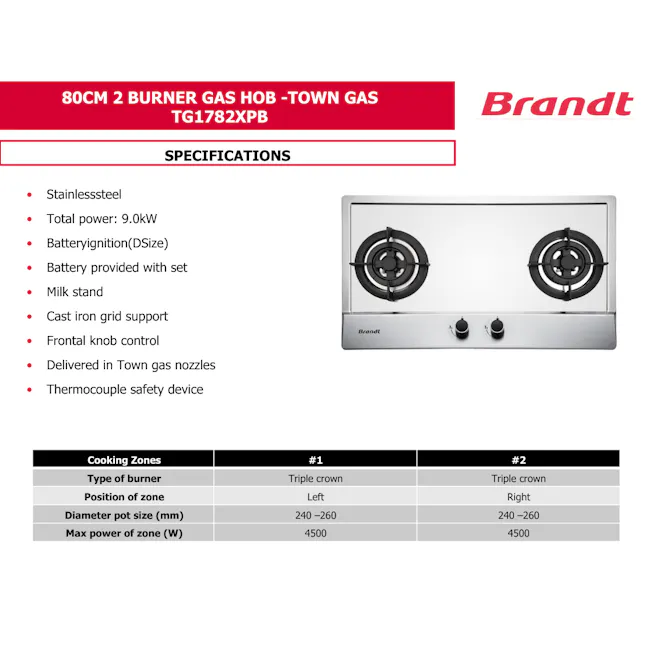 Brandt TG1782XPB - 75cm Stainless Steel Gas Hob 2 Burners (PUB/Town Gas) - 4