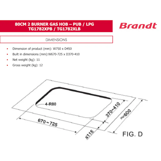 Brandt TG1782XPB - 75cm Stainless Steel Gas Hob 2 Burners (PUB/Town Gas) - 5
