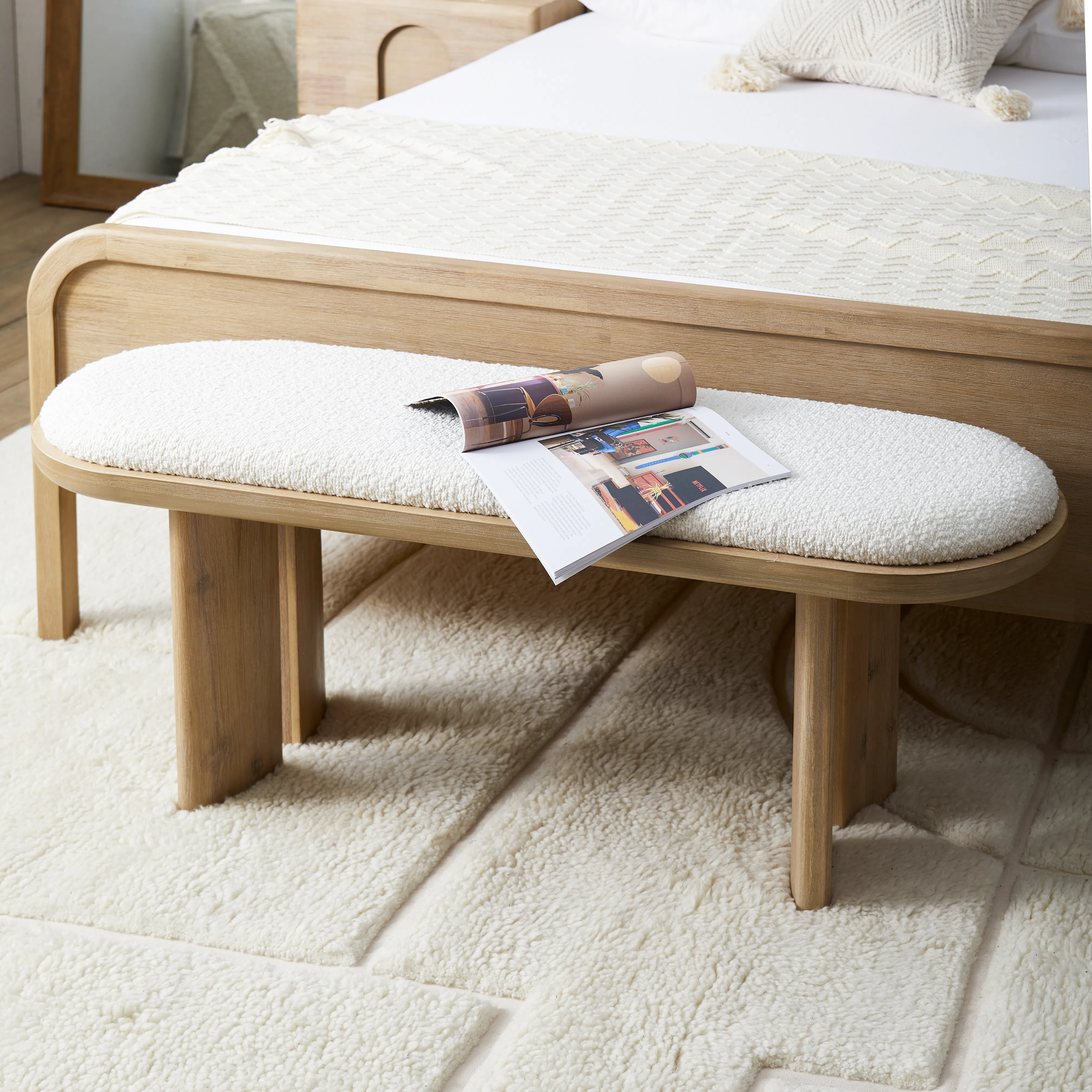 Catania Cushioned Bench 1.4m - 11 - Wooden bench, white fluffy rug, soft bedding, cozy room, modern decor, comfortable
