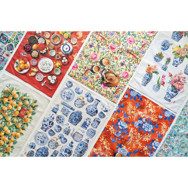 Singlapa Bird & Butterfly Tea Towel - 5 - Ornate tablecloth, vibrant floral patterns, traditional Chinese tea set, blue and