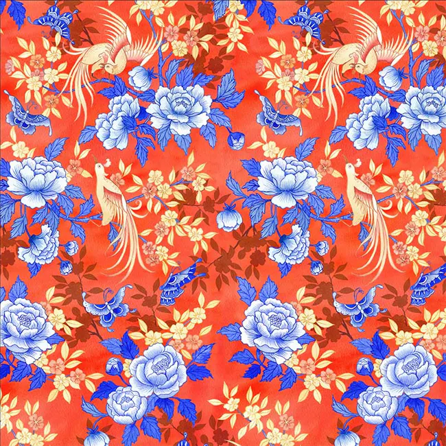 Singlapa Bird & Butterfly Tea Towel - 4 - Floral pattern with peonies, peonies, and birds in vibrant blue and red colors