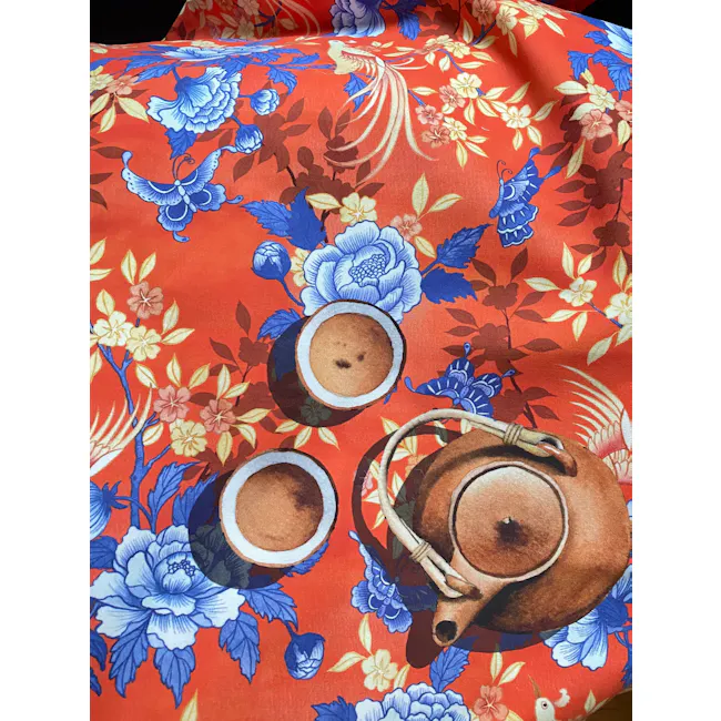 Singlapa Bird & Butterfly Tea Towel - 3 - Floral teapot set, vibrant floral background, intricate blue and yellow flowers