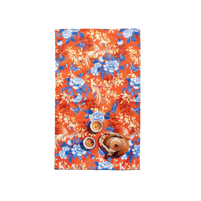 Singlapa Bird & Butterfly Tea Towel - 1 - Floral tea set, vibrant tea set, tea-themed fabric, tea set design, tea set