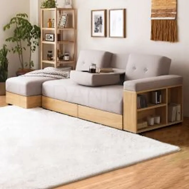 Massimo Multifunction Sofa Bed with Storage - Melange Beige Fabric x Natural Wood - 2